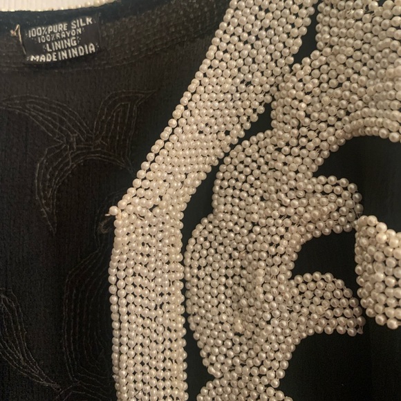 Vintage 100% Black Silk Beaded Pearl Evening Jacket Made in India Sz S - Picture 9 of 11